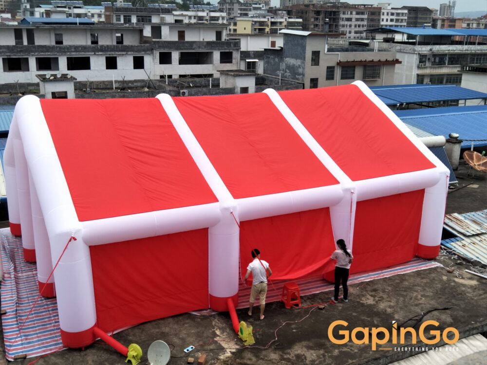 Inflatable Wedding Tent with Canopy Red Cover and White Beams House with Foldable Doors for Party or Event
