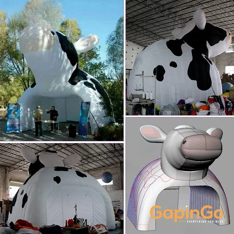 Animal Cartoon Model 6x5x6 Meters Inflatable Milk Cow Tunnel Tent With Custom Logo