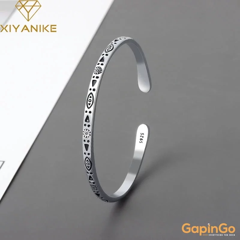 Silver Color Fashion Vintage Pattern Bracelet & Bangle Open Handmade Distressed Jewelry On Hand Gift For Women