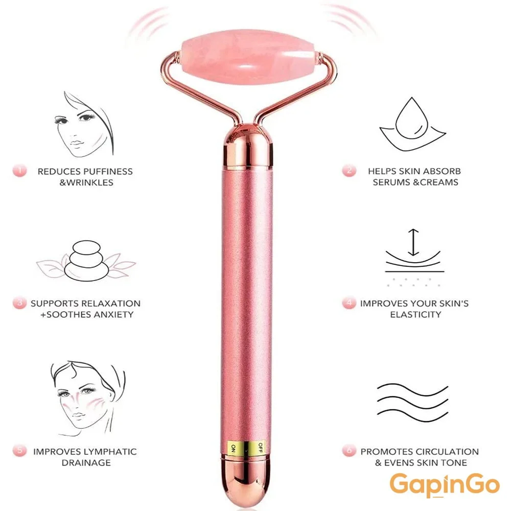 5-in-1 24K Gold Beauty Wand Face Massager Electric Vibrating Rose Quartz 3D Roller Face Lifting Body Facial Gua Sha Jade Roller