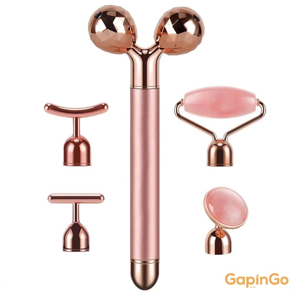 5-in-1 24K Gold Beauty Wand Face Massager Electric Vibrating Rose Quartz 3D Roller Face Lifting Body Facial Gua Sha Jade Roller