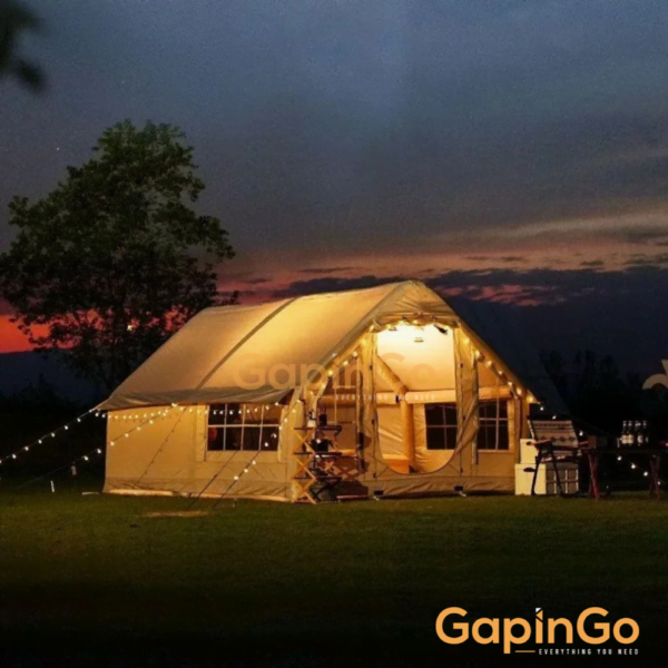 Inflatable camping tent 10 square meters enlarged large space for 6-8 person Chimney design windproof rainproof no need to build