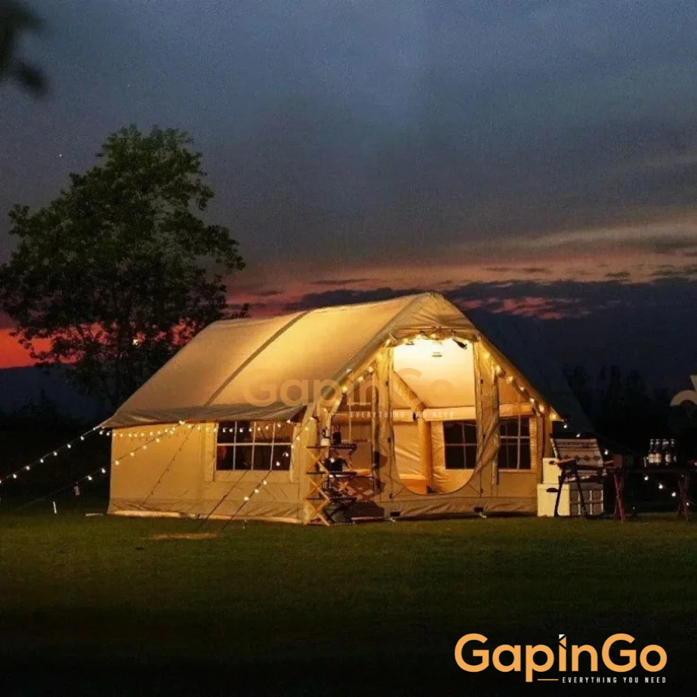Inflatable camping tent 10 square meters enlarged large space for 6-8 person Chimney design windproof rainproof no need to build