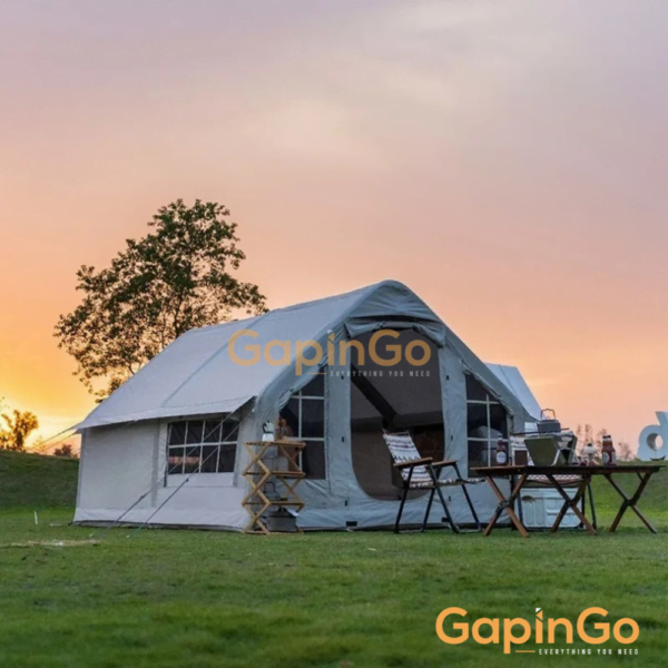 Inflatable camping tent 10 square meters enlarged large space for 6-8 person Chimney design windproof rainproof no need to build